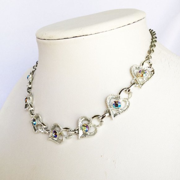 Rhinestones Hearts Necklace Silver Color Aurora Borealis Rhinestones Love Hearts - Picture 3 of 5